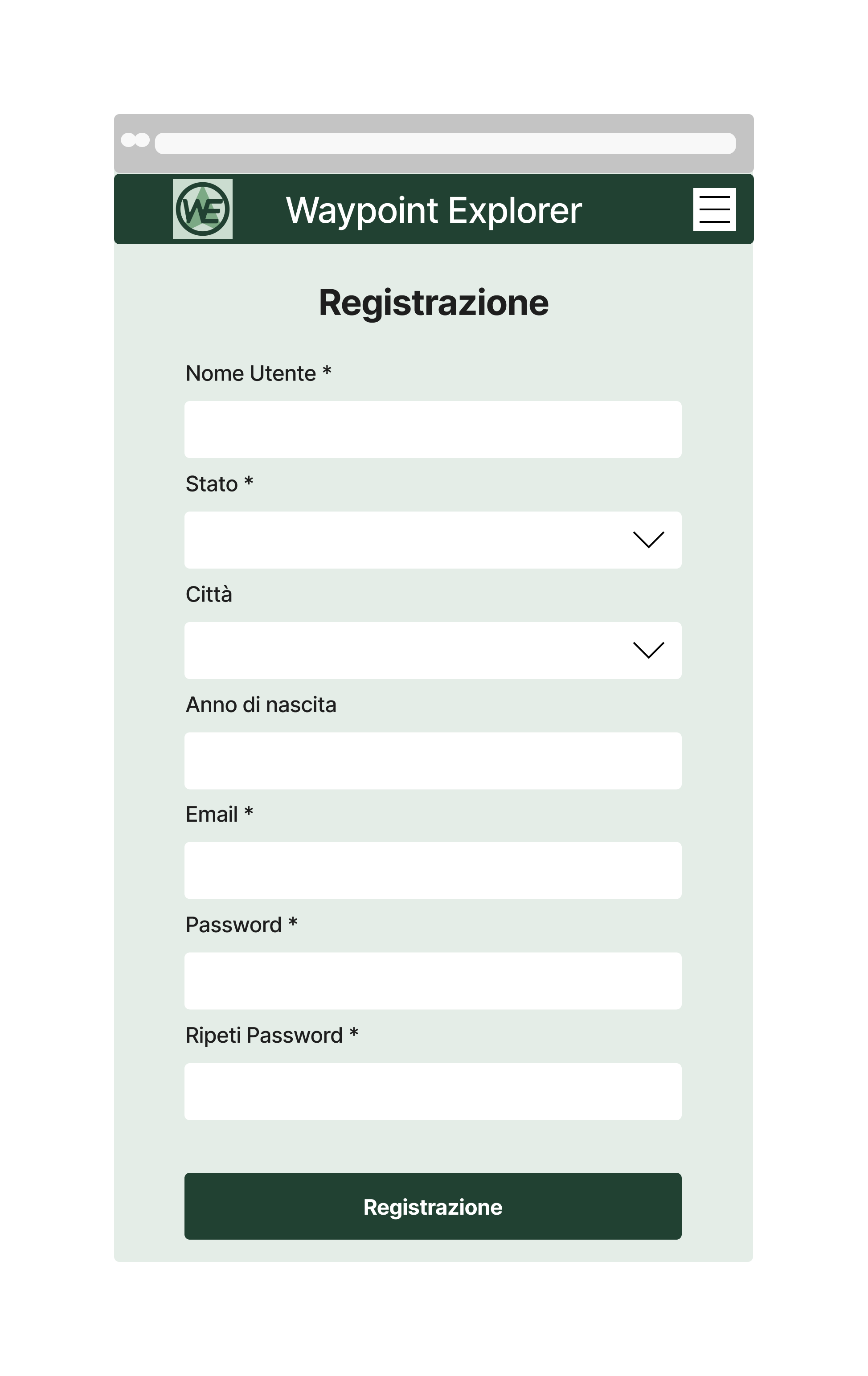 Pagina registrazione utente